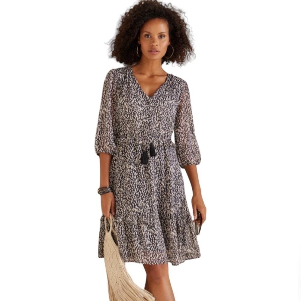 NWT Soft Surroundings Hazel Black Print Ruffle‎ Chiffon V-Neck Dress Petite Med
